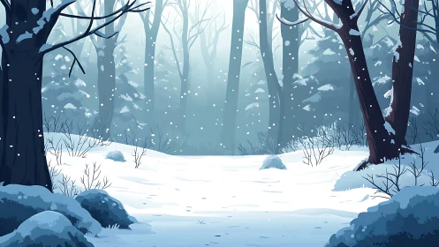 Snowy Winter Forest with Falling Snow. Digital illustration.