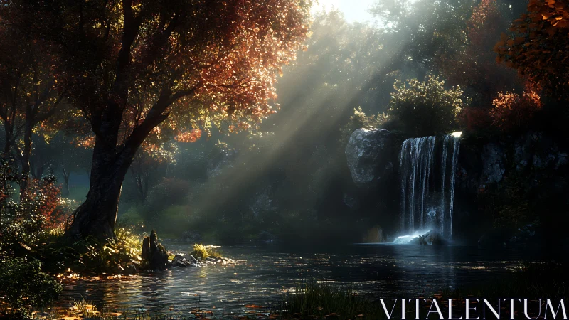 Sunlit forest waterfall where autumn leaves quietly glow.
