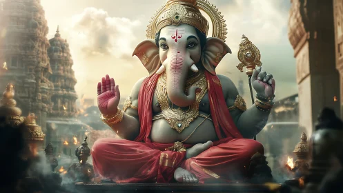 Golden serenity of Ganesha in a softly glowing temple courtyard.