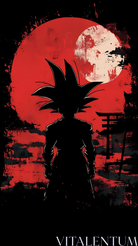 Anime silhouette before grunge red moon with torii framing.