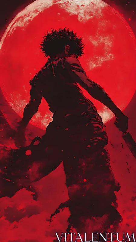 Backlit lone warrior silhouette under colossal red moon