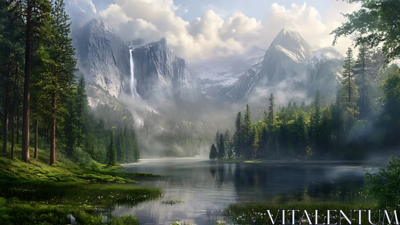 Mountain lake valley with pine forest and misty waterfall.