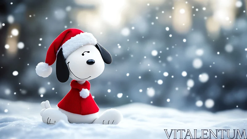 Cartoon beagle in red Santa outfit in soft winter snowfall.