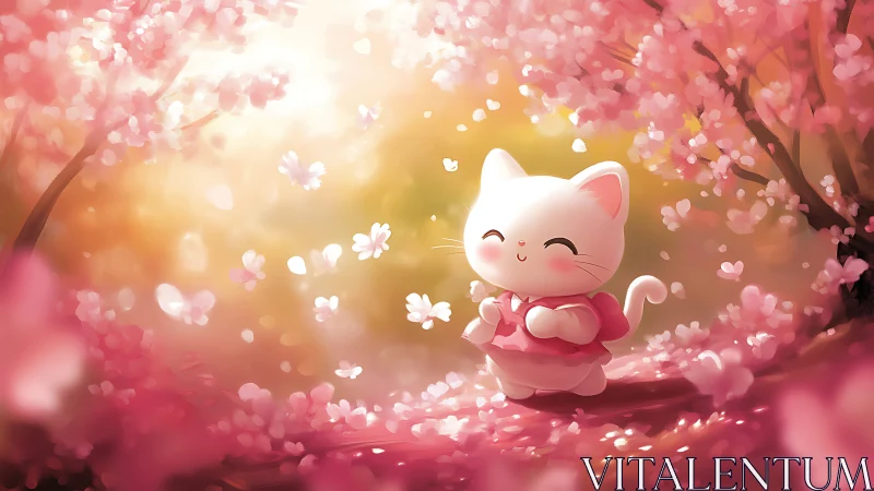 Smiling springtime kitty strolling through pink blossoms.