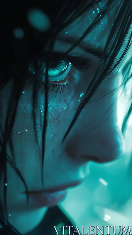 Wet close-up portrait of reflective teal lit character.