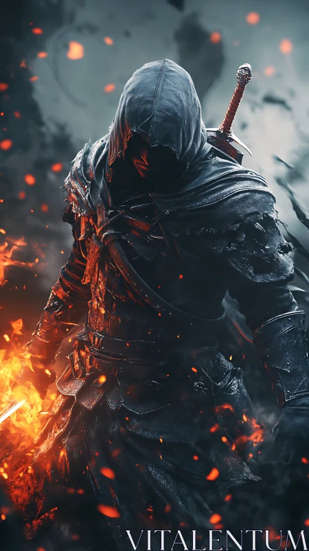 Hooded armored figure stands amid embers with sword drawn