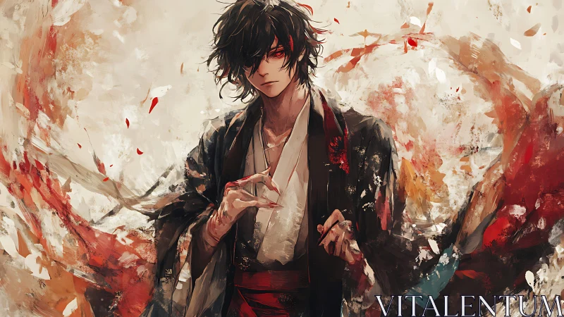 Crimson petal sorcerer amid swirling painted winds.