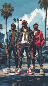 Street monarchs in gold chains under electric palm skies.