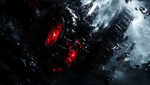 Abyssal machine eye ignites crimson storms in darkness.