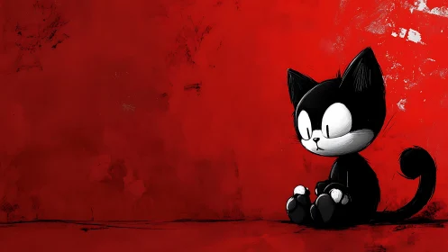 Quiet black cartoon cat rests softly against red silence