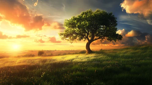 Solitary oak dominates sunlit hill under glowing sunset sky