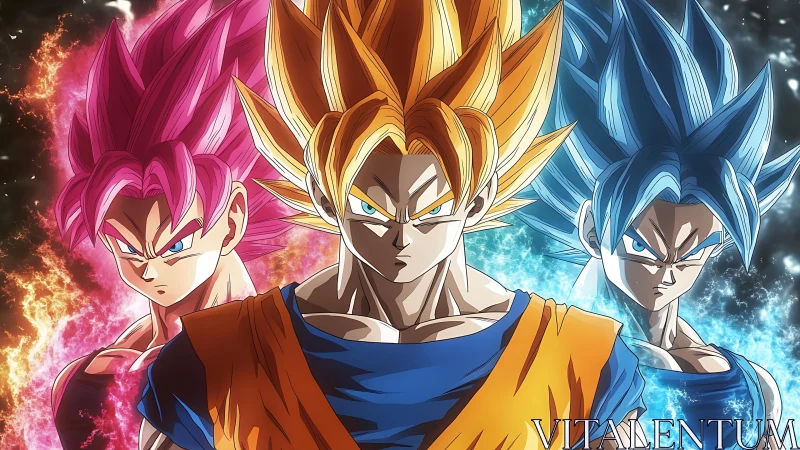 Triadic anime warriors with chromatic elemental energy auras.