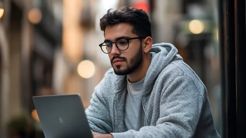 Young adult works on laptop in soft blurred city street