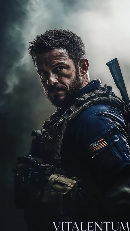 Battle-hardened soldier stands in moody cinematic light.