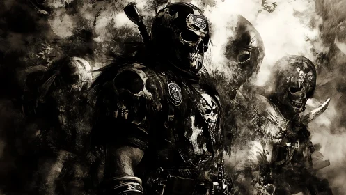 Skull masked armored figures in monochrome combat formation.