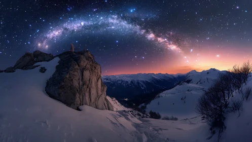 Panoramic snowy ridge arcs beneath luminous Milky Way band