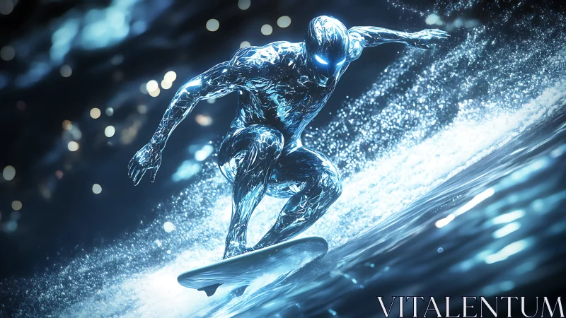 Chrome cyber surfer carves glowing wave in night ocean