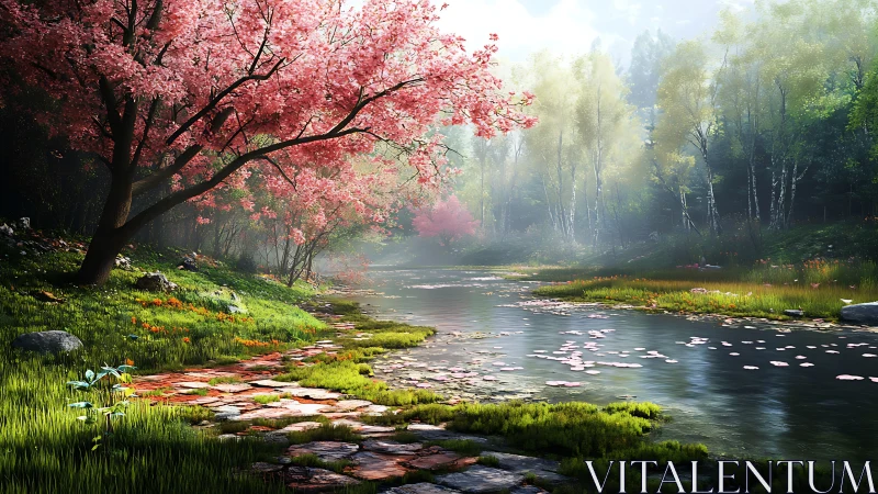 Spring blossoms drift over a tranquil forest riverside