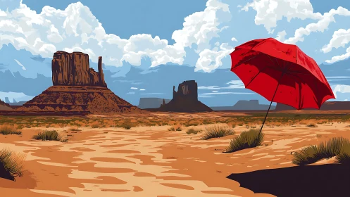 Scarlet umbrella contrasting stylized mesas in arid desert panorama.