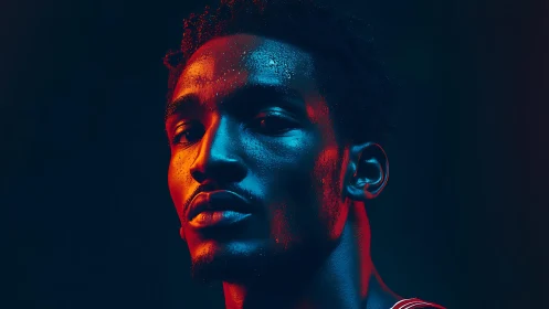 Moody portrait under blue and red dramatic lighting.