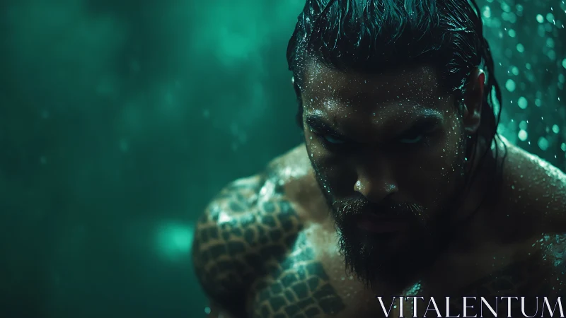 Moody low-key portrait of wet tattooed male subject in teal light.