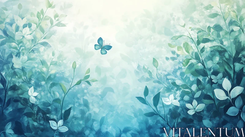 Butterfly drifts through luminous blue-green foliage glow.