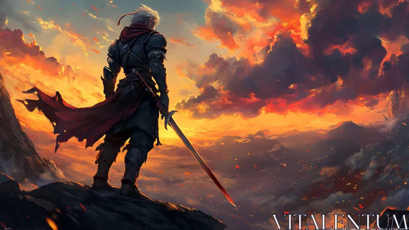 Warrior silhoutte dominates blazing sunset battlefield vista.