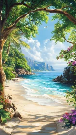 Tropical Coastal Paradise: Secluded Beach Framed by Dense Vegetation