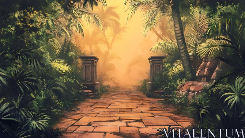 Sunlit jungle pathway through forgotten temple ruins.