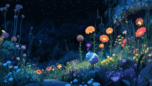 Tiny night wanderer in a star-sprinkled wildflower haven.