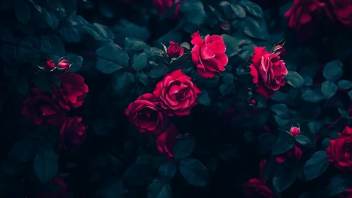 Deep red roses displayed against dark teal foliage and shadowed background.