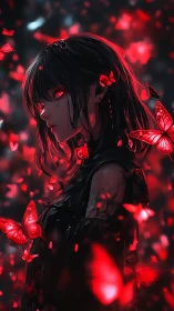 Dark-haired anime girl amid glowing red butterflies gazes ahead.
