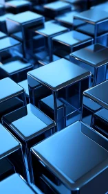 Chrome blue cubes form reflective geometric landscape.