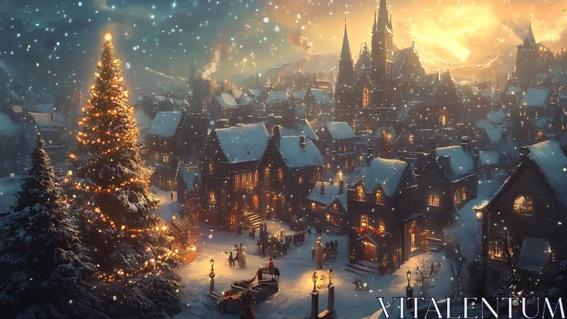 Snowy town square with illuminated Christmas tree at dusk.