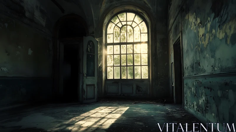 Sunlight enters abandoned room through tall arched window