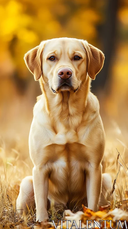 Golden dog sitting calmly in a soft autumn forest glow.