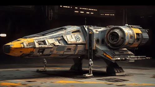 Streamlined gunmetal starship docked in dim hangar bay.