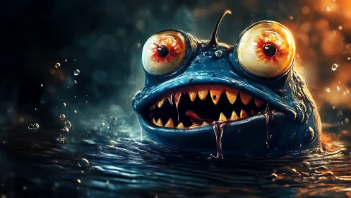 Cartoonish blue swamp monster emerges with bulging eyes