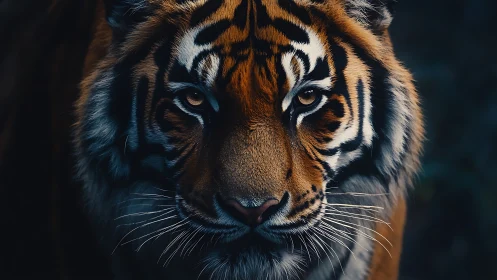 Low key frontal portrait of Bengal tiger with shallow depth