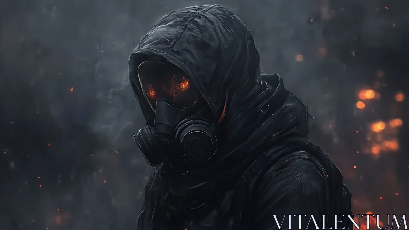 Hooded gas mask figure stands amid dark burning embers