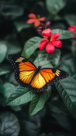 Macro study of orange butterfly on foliage with red blossoms