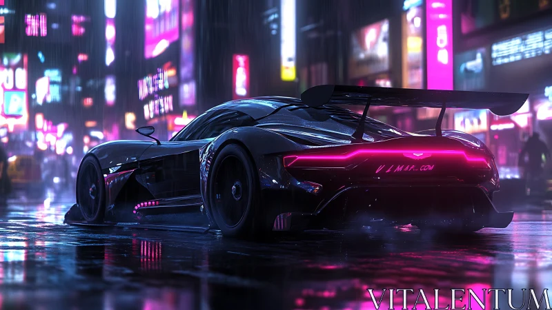 Neon soaked supercar glowing in a rainy cyberpunk night.