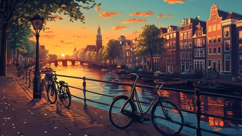 Golden Hour Along a Peaceful Canal with Bicycles.