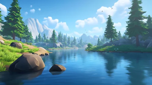 Serene stylized mountain lake reflects bright summer sky