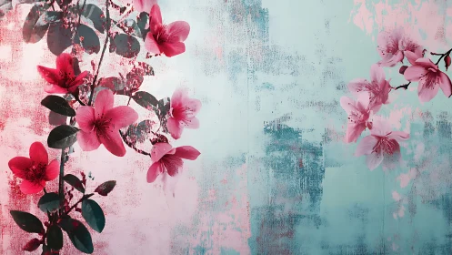 Pink Blossoms Dance Across Textured Turquoise Canvas