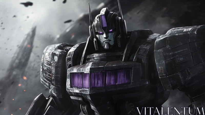 Armored humanoid mech stands in a smoky, debris-filled scene