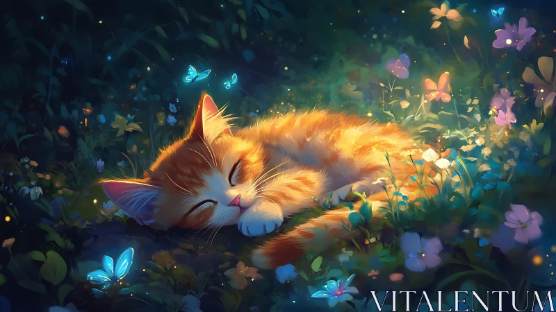 Sleeping Orange Cat in Luminous Garden with Bioluminescent Butterflies and Flowering Flora