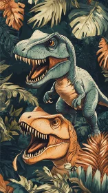 Roaring tyrannosaurs erupt from dense tropical jungle foliage