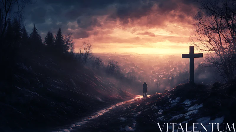 Solitary figure on misted hilltop path at fiery dusk.