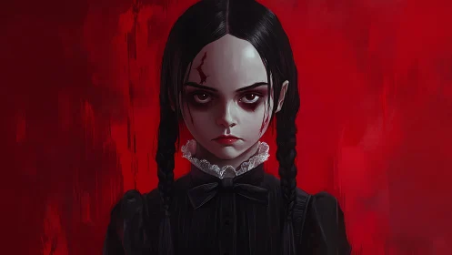 Brooding girl in braids against vivid crimson silence.